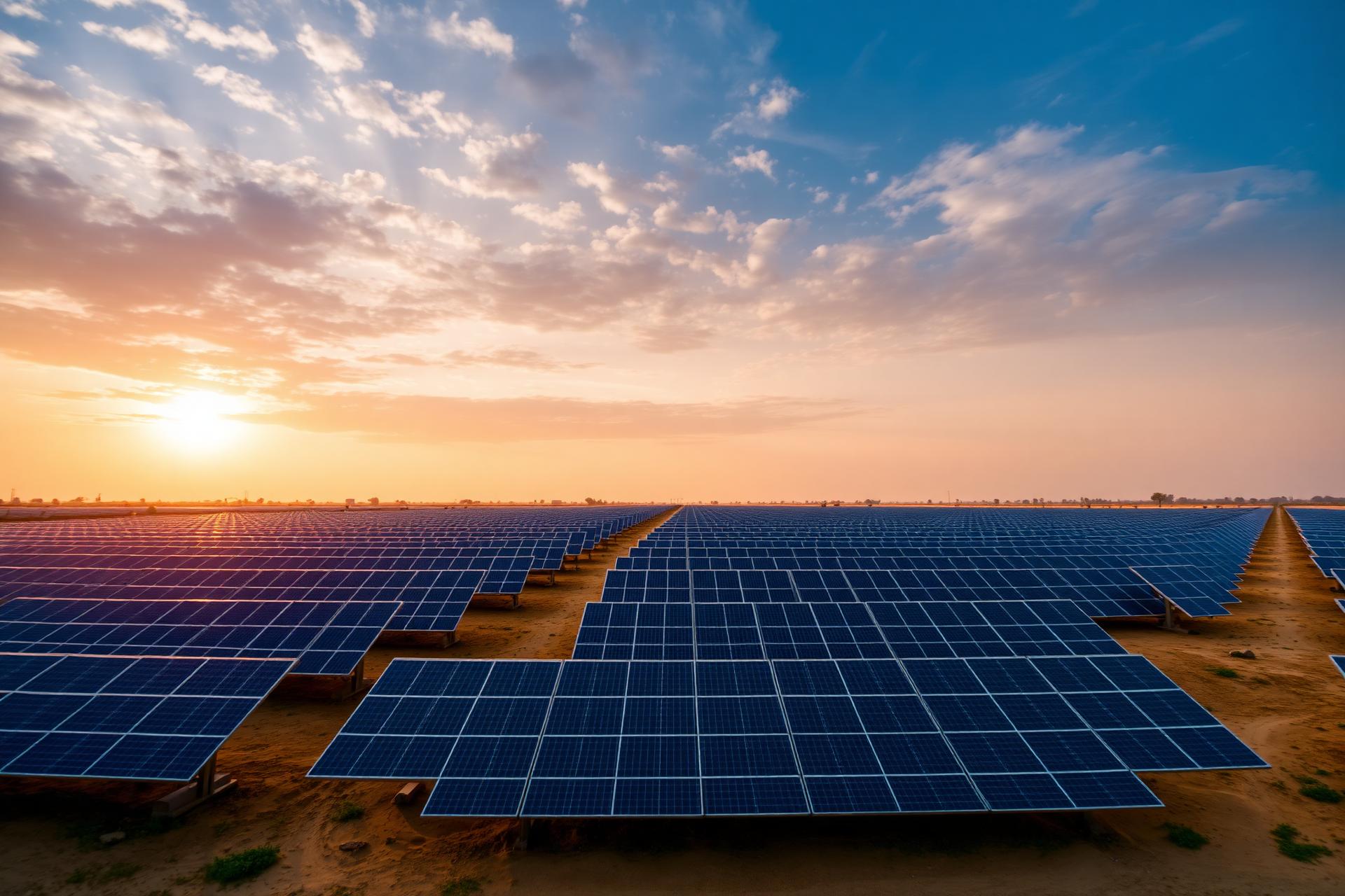 Aerial view of a utility-scale solar farm at sunrise
